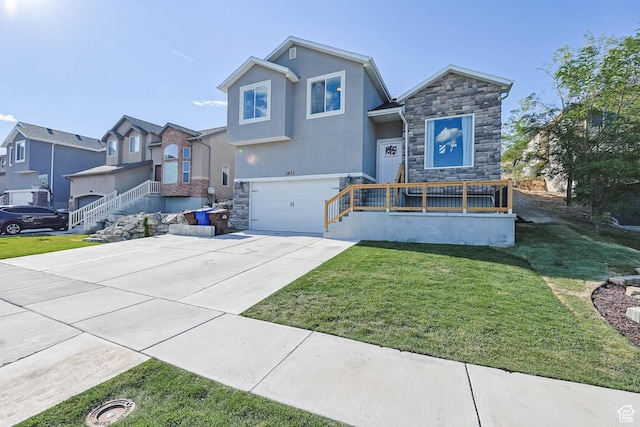 3973 E Eagle Top Ct, Eagle Mountain, UT 84005 - view of front facade featuring stone siding, driveway, a garage, stucco siding, and a front yard