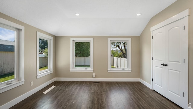 5398 S 2300 W, Roy, UT 84067 - empty room with dark wood-style floors, vaulted ceiling, and recessed lighting