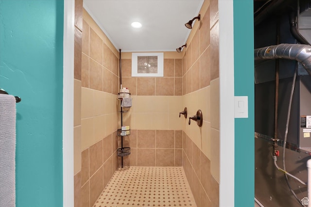 155 W 500 N, Logan, UT 84321 - bathroom with tiled shower, heating unit, and recessed lighting