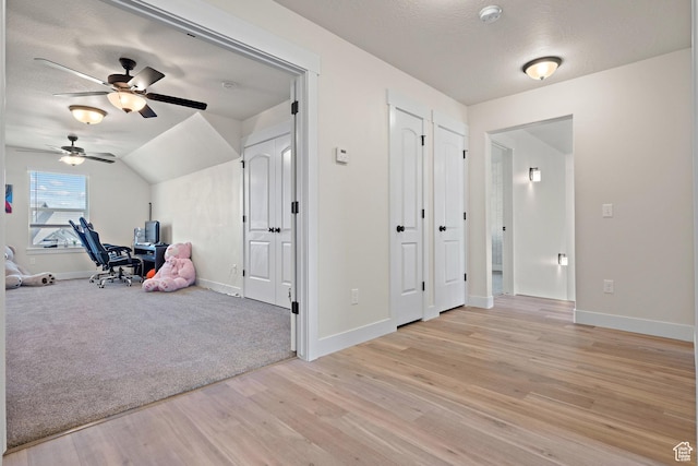 3056 E 80 S, Spanish Fork, UT 84660 - additional living space featuring a ceiling fan, light wood-style floors, an office area, vaulted ceiling, and a textured ceiling