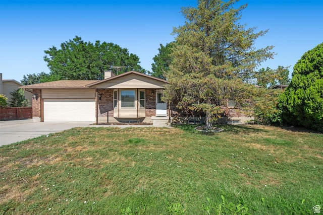 5608 S 700 W, Murray, UT 84123 - view of front of property with brick siding, an attached garage, concrete driveway, a front lawn, and a chimney