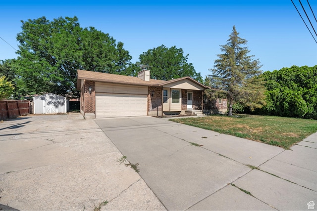 5608 S 700 W, Murray, UT 84123 - view of front of property featuring concrete driveway, an attached garage, brick siding, a shed, and a chimney
