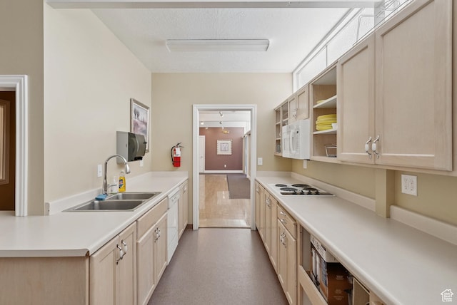 750 E Three Fountains Dr Unit 96, Murray, UT 84107 - kitchen featuring light countertops, open shelves, white appliances, a textured ceiling, and light brown cabinetry