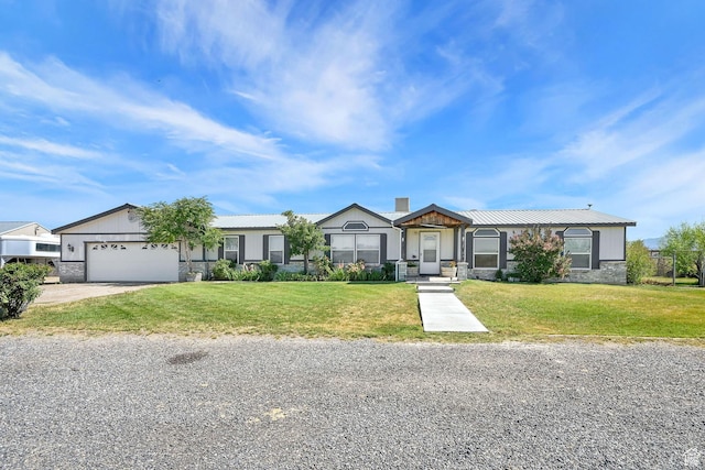4171 W 2425 N, Hooper Davis Cnty, UT 84315 - ranch-style house featuring a garage, concrete driveway, a front yard, and stone siding