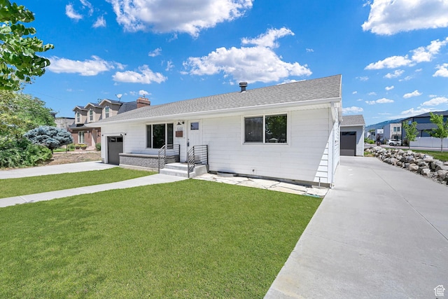 648 W Porter Ln, Centerville, UT 84014 - ranch-style house featuring a front yard, driveway, roof with shingles, a chimney, and a garage