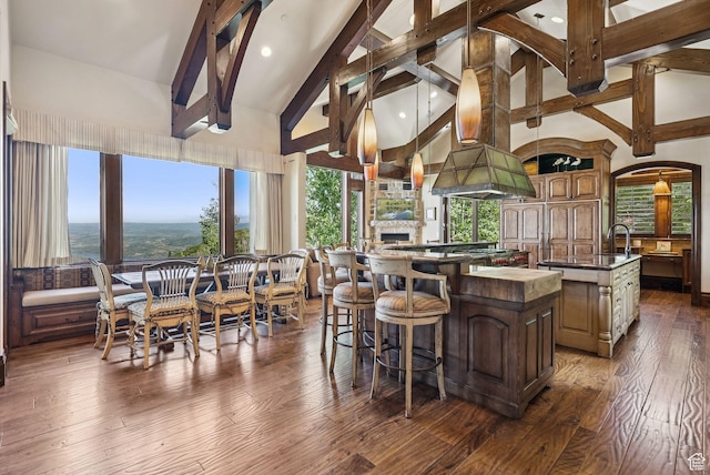 10399 Summit View Dr N, Park City, UT 84060 - interior space featuring a spacious island, beamed ceiling, dark wood-type flooring, plenty of natural light, and a kitchen bar