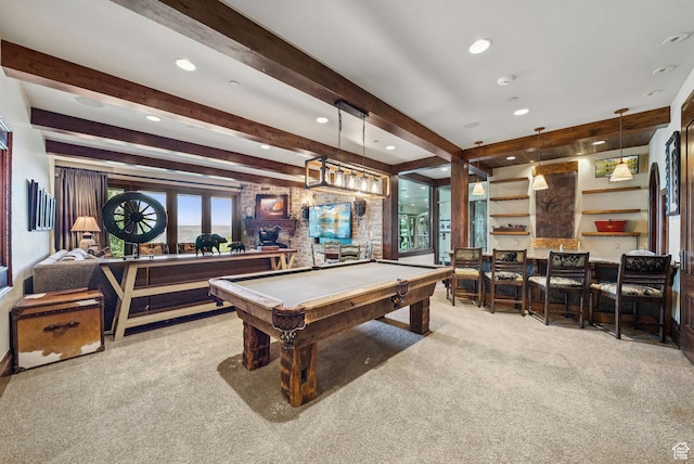 10399 Summit View Dr N, Park City, UT 84060 - playroom with carpet flooring, beam ceiling, pool table, and recessed lighting