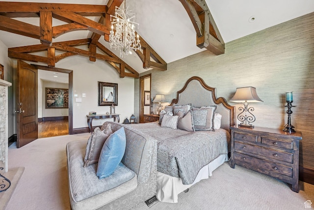 10399 Summit View Dr N, Park City, UT 84060 - bedroom featuring carpet flooring, beam ceiling, a chandelier, and high vaulted ceiling