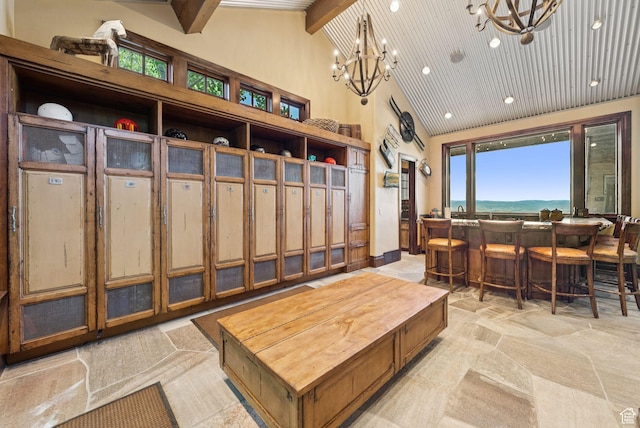 10399 Summit View Dr N, Park City, UT 84060 - mudroom featuring high vaulted ceiling, a chandelier, a community bar, recessed lighting, and a wooden ceiling with exposed beams