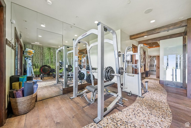 10399 Summit View Dr N, Park City, UT 84060 - gym with hardwood / wood-style flooring, recessed lighting, and plenty of natural light