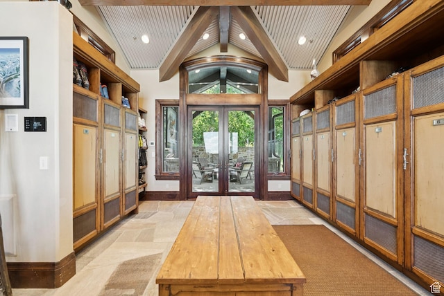 10399 Summit View Dr N, Park City, UT 84060 - mudroom featuring french doors, beam ceiling, recessed lighting, high vaulted ceiling, and light stone finish flooring