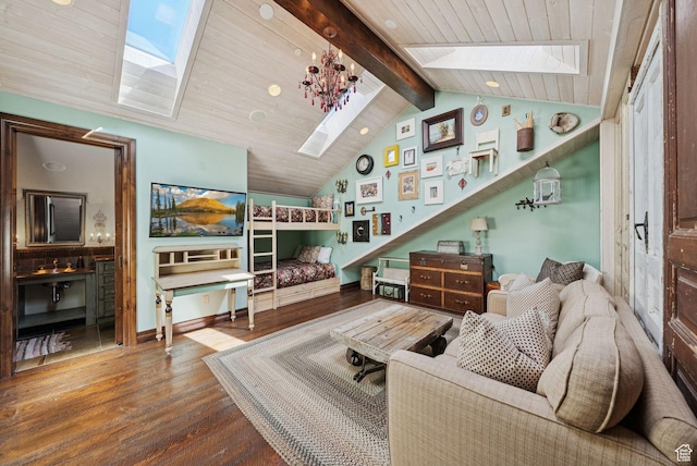 10399 Summit View Dr N, Park City, UT 84060 - living area featuring a skylight, wood finished floors, and wood ceiling