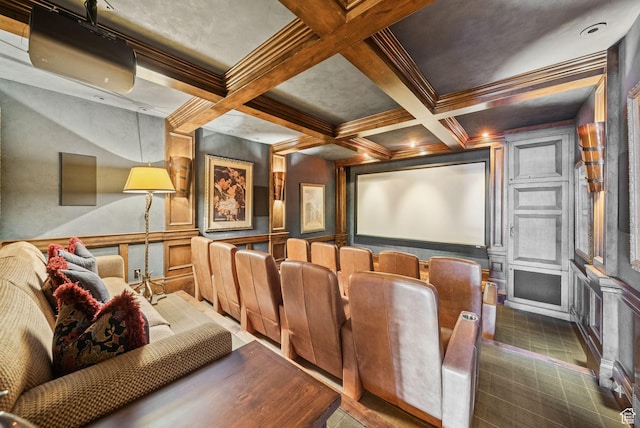 10399 Summit View Dr N, Park City, UT 84060 - cinema room featuring a decorative wall, coffered ceiling, beamed ceiling, and crown molding