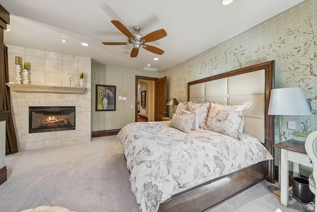 10399 Summit View Dr N, Park City, UT 84060 - bedroom featuring recessed lighting, wallpapered walls, carpet, a fireplace, and ceiling fan