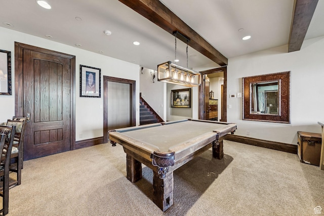 10399 Summit View Dr N, Park City, UT 84060 - playroom with carpet, beamed ceiling, pool table, and recessed lighting