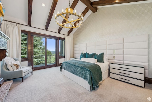 10399 Summit View Dr N, Park City, UT 84060 - bedroom featuring access to exterior, a chandelier, carpet, and wallpapered walls