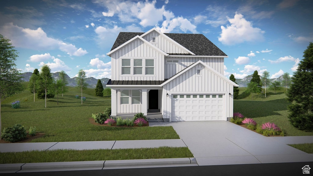 4632 W Cillian Ln Unit 2402, Herriman, UT 84096 - modern farmhouse featuring board and batten siding, driveway, a mountain view, a front lawn, and roof with shingles