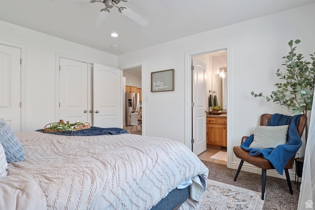 1674 E Ridgefield Rd, Spanish Fork, UT 84660 - bedroom featuring stainless steel refrigerator with ice dispenser, a closet, ensuite bathroom, recessed lighting, and light colored carpet