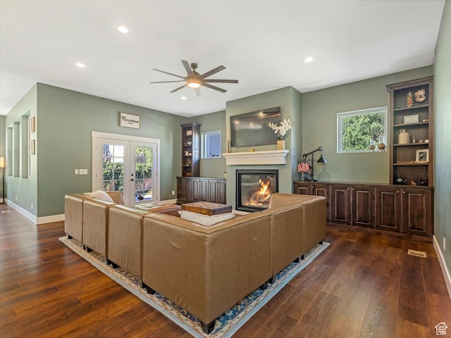 355 S 200 E, Bountiful, UT 84010 - living room with ceiling fan, dark wood finished floors, a glass covered fireplace, recessed lighting, and plenty of natural light