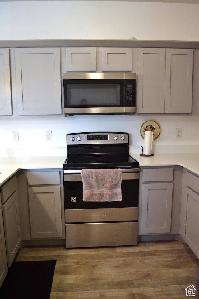 680 N 380 W Unit Z303, Vineyard, UT 84059 - kitchen featuring stainless steel appliances, gray cabinetry, light countertops, and light wood finished floors