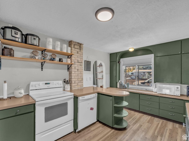 235 N 300 W, Smithfield, UT 84335 - kitchen featuring green cabinets, open shelves, white appliances, a textured ceiling, and light wood-style floors