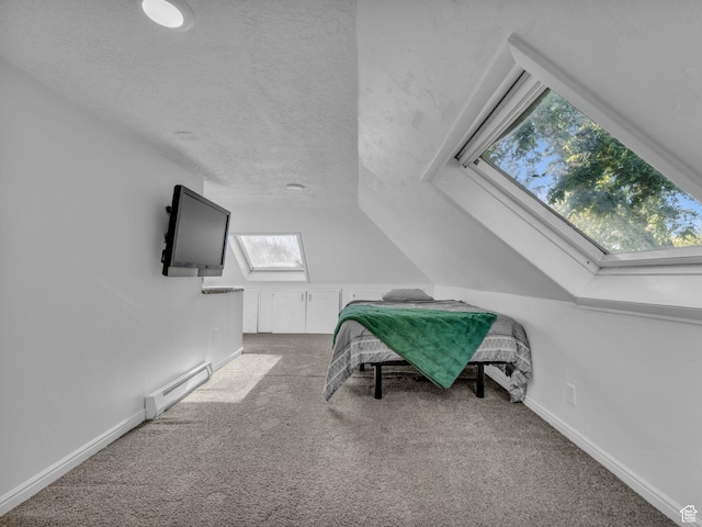 235 N 300 W, Smithfield, UT 84335 - carpeted bedroom featuring baseboard heating, a textured ceiling, a skylight, and lofted ceiling