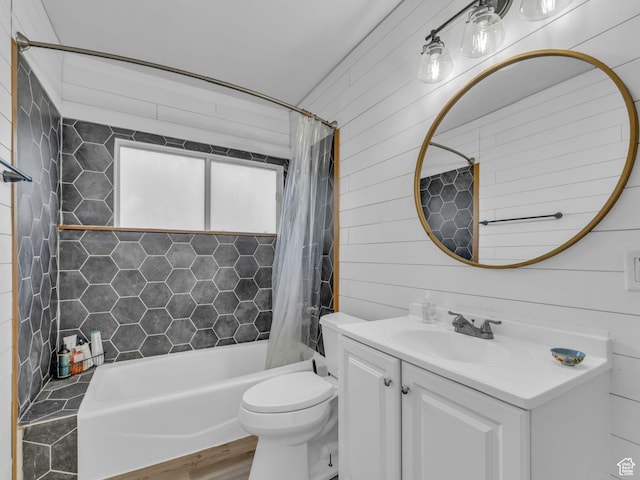 235 N 300 W, Smithfield, UT 84335 - bathroom with shower / bathtub combination with curtain, vanity, wood finished floors, and wooden walls
