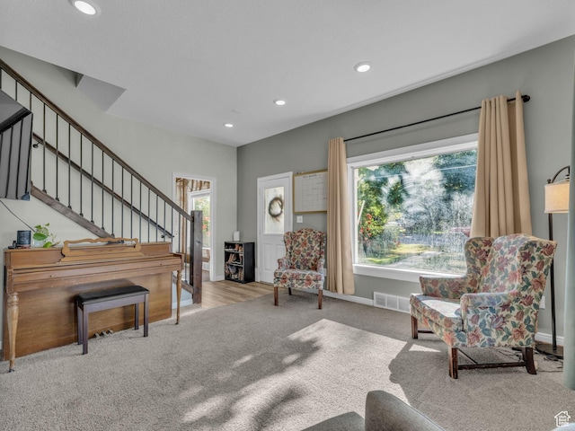 235 N 300 W, Smithfield, UT 84335 - living area featuring stairway, recessed lighting, and carpet