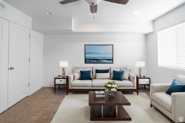 96 E 670 N, Vineyard, UT 84059 - living area featuring light colored carpet, ceiling fan, and recessed lighting