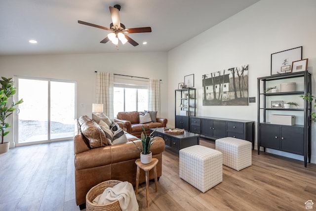160 S 940 E, Santaquin, UT 84655 - living area featuring wood finished floors, ceiling fan, recessed lighting, and high vaulted ceiling