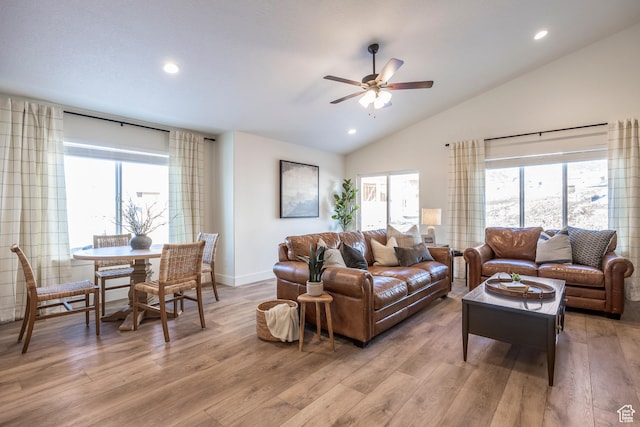 160 S 940 E, Santaquin, UT 84655 - living area featuring vaulted ceiling, a ceiling fan, light wood-style flooring, healthy amount of natural light, and recessed lighting