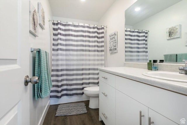 415 W 15 S, Providence, UT 84332 - bathroom with vanity, wood finished floors, a shower with curtain, and recessed lighting