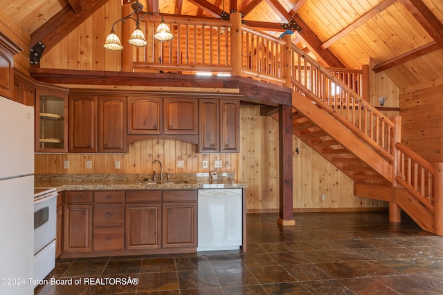 kitchen featuring wood walls, white appliances, high vaulted ceiling, decorative light fixtures, and wood ceiling