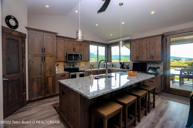 kitchen with backsplash, light hardwood / wood-style flooring, appliances with stainless steel finishes, and an island with sink