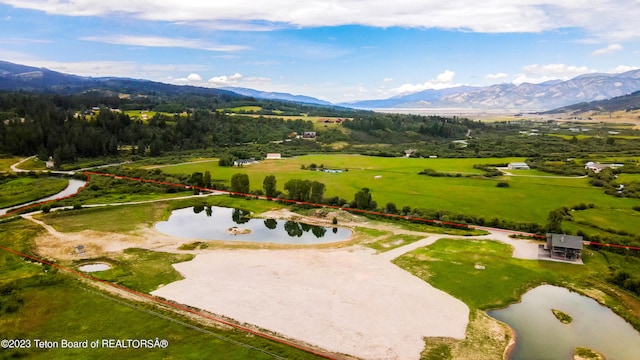 birds eye view of property with a water and mountain view