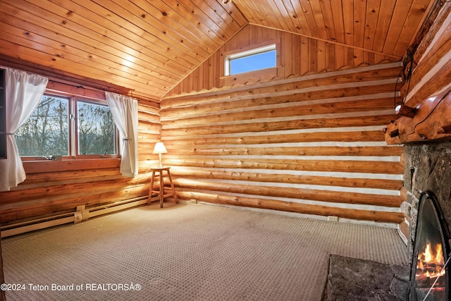 unfurnished room featuring high vaulted ceiling, carpet flooring, a fireplace, log walls, and wood ceiling