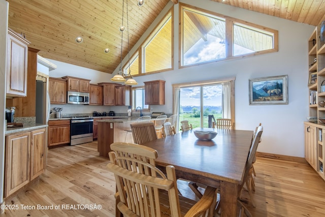 1515 Table Rock Dr, Driggs, ID 83422 - dining room featuring high vaulted ceiling, light wood-style flooring, wooden ceiling, and baseboards