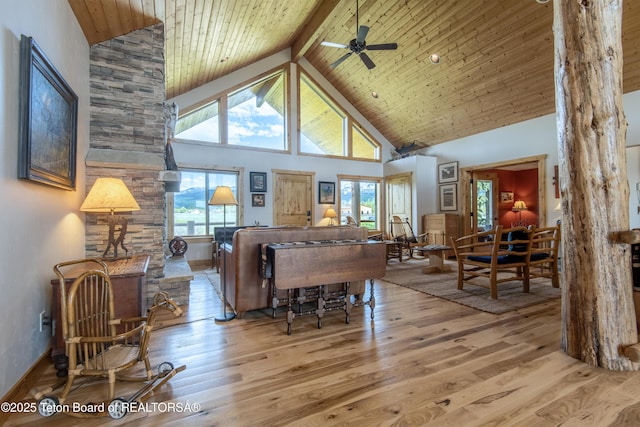 1515 Table Rock Dr, Driggs, ID 83422 - living area featuring high vaulted ceiling, wood finished floors, ceiling fan, wood ceiling with exposed beams, and baseboards