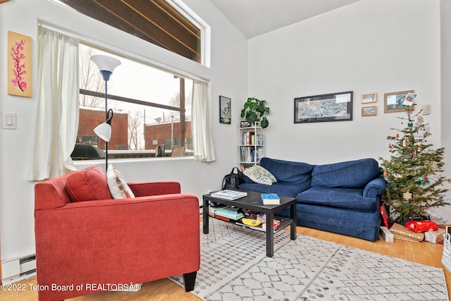 living room with a baseboard radiator and light wood-type flooring