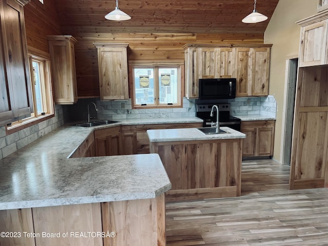 kitchen featuring stainless steel range with electric stovetop, decorative light fixtures, light wood-type flooring, and sink