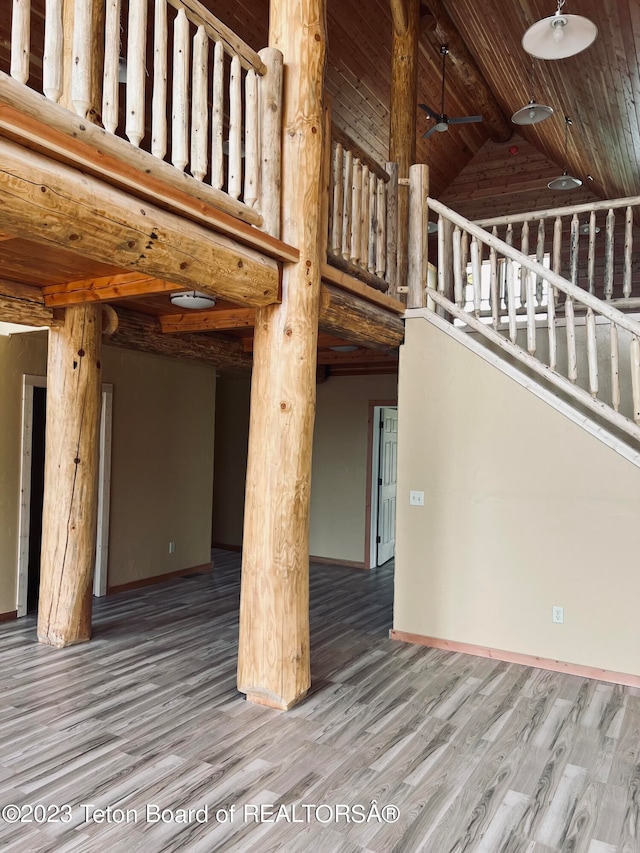 unfurnished living room with ceiling fan, high vaulted ceiling, hardwood / wood-style flooring, and wooden ceiling