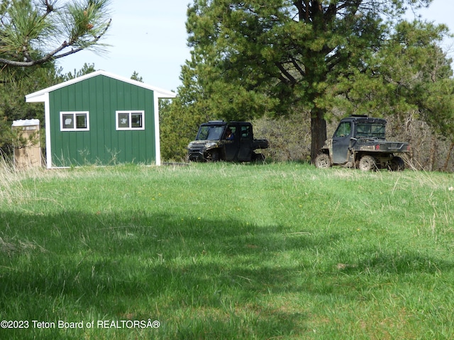 view of yard featuring a storage unit