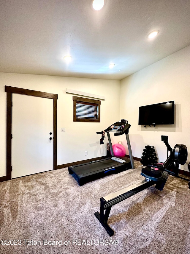 workout area featuring carpet flooring