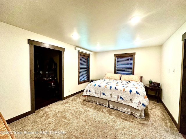 carpeted bedroom with a textured ceiling