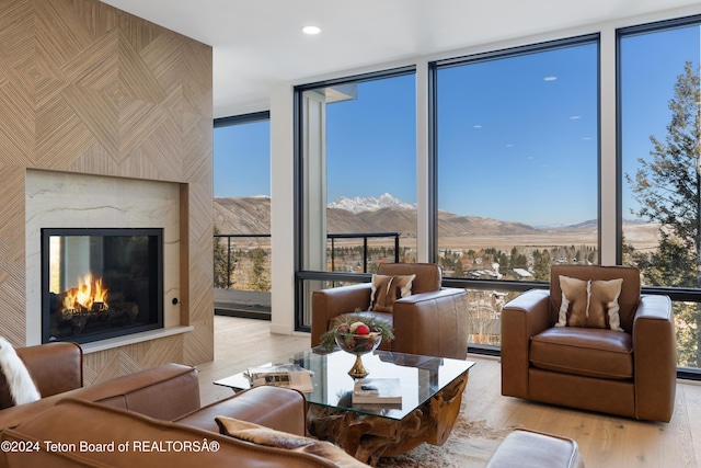 living room featuring a mountain view, light hardwood / wood-style flooring, a wealth of natural light, and a high end fireplace