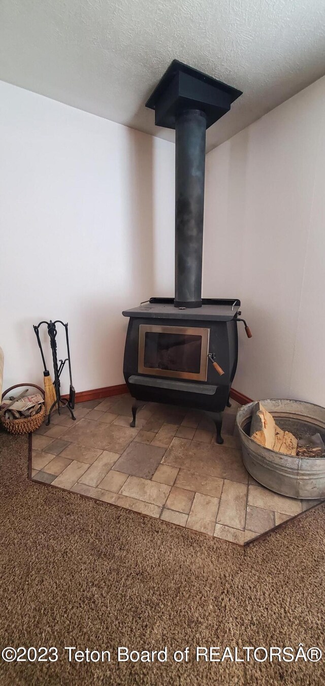 interior details featuring a fire pit, a textured ceiling, carpet floors, and a wood stove