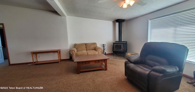 living area featuring ceiling fan, a wood stove, and carpet