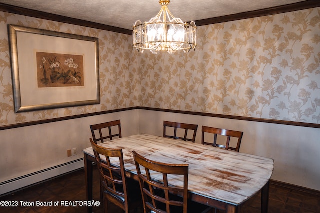 dining room with a textured ceiling, a notable chandelier, and a baseboard heating unit