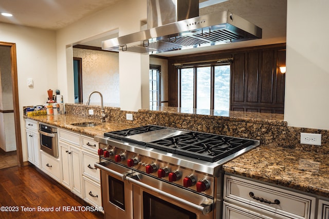 kitchen with appliances with stainless steel finishes, dark hardwood / wood-style floors, dark stone countertops, wall chimney range hood, and sink