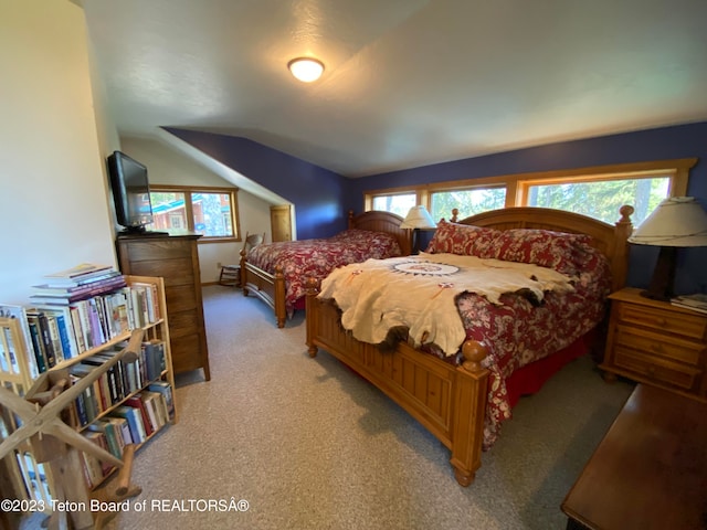 bedroom featuring lofted ceiling, carpet, and multiple windows